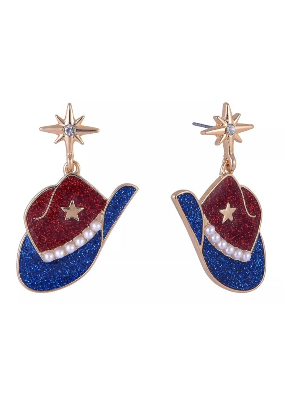 Patriotic July 4th Red, White & Blue Glitter Enamel Cowboy Hat Drop Earrings NWT